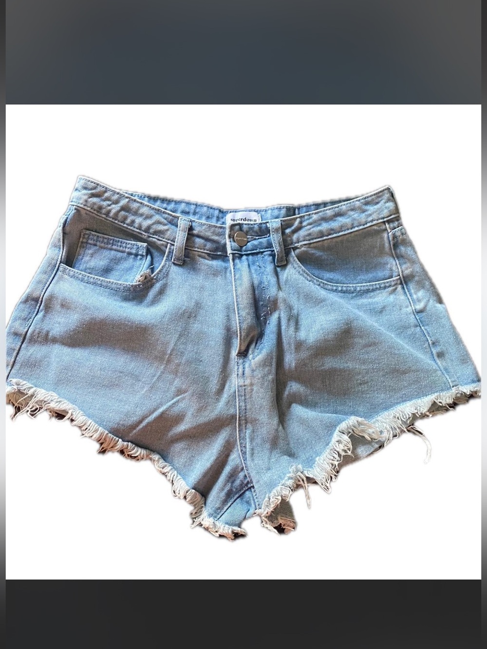 superdown Light Blue Denim Cutoff Shorts with Frayed Hem